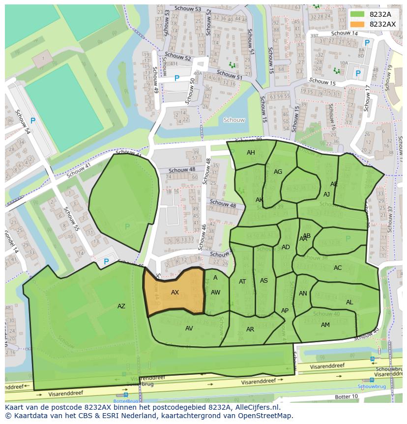 Afbeelding van het postcodegebied 8232 AX op de kaart.