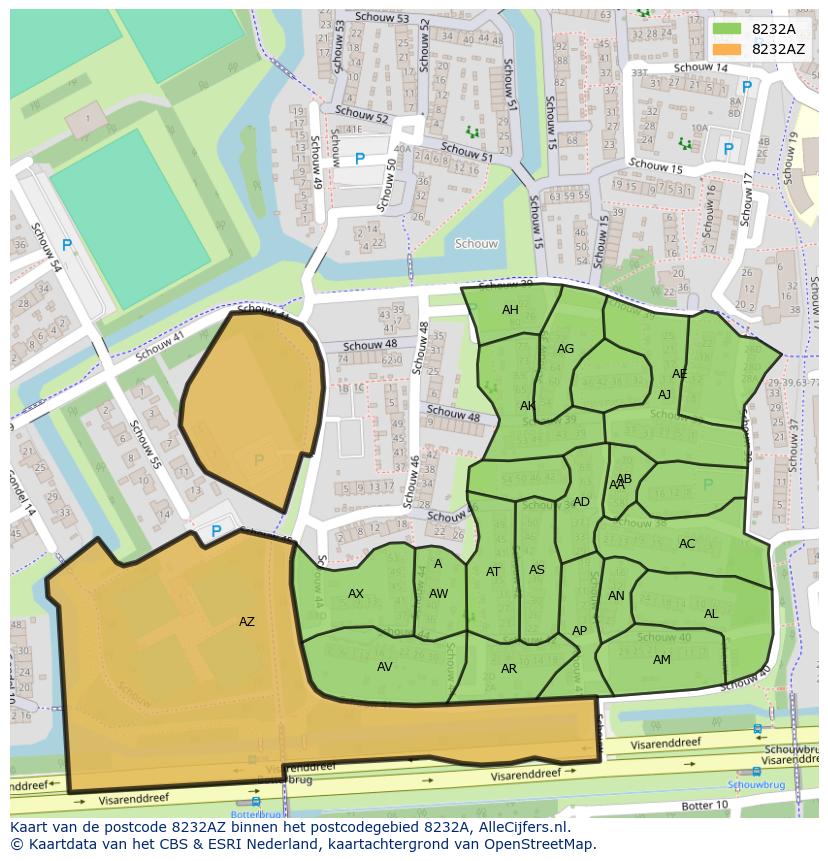 Afbeelding van het postcodegebied 8232 AZ op de kaart.