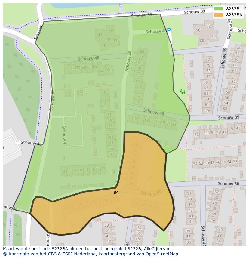 Afbeelding van het postcodegebied 8232 BA op de kaart.