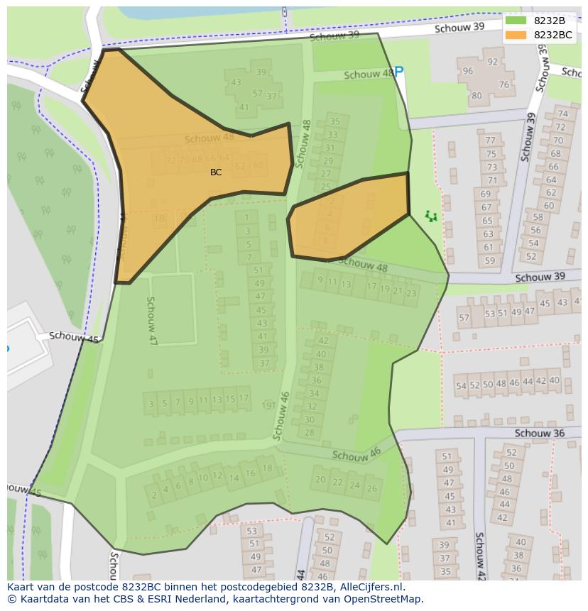 Afbeelding van het postcodegebied 8232 BC op de kaart.