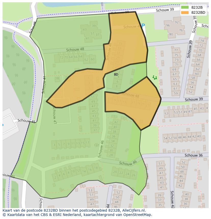 Afbeelding van het postcodegebied 8232 BD op de kaart.