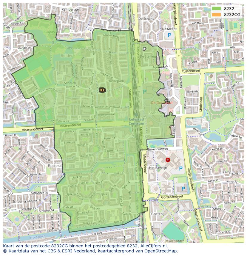 Afbeelding van het postcodegebied 8232 CG op de kaart.