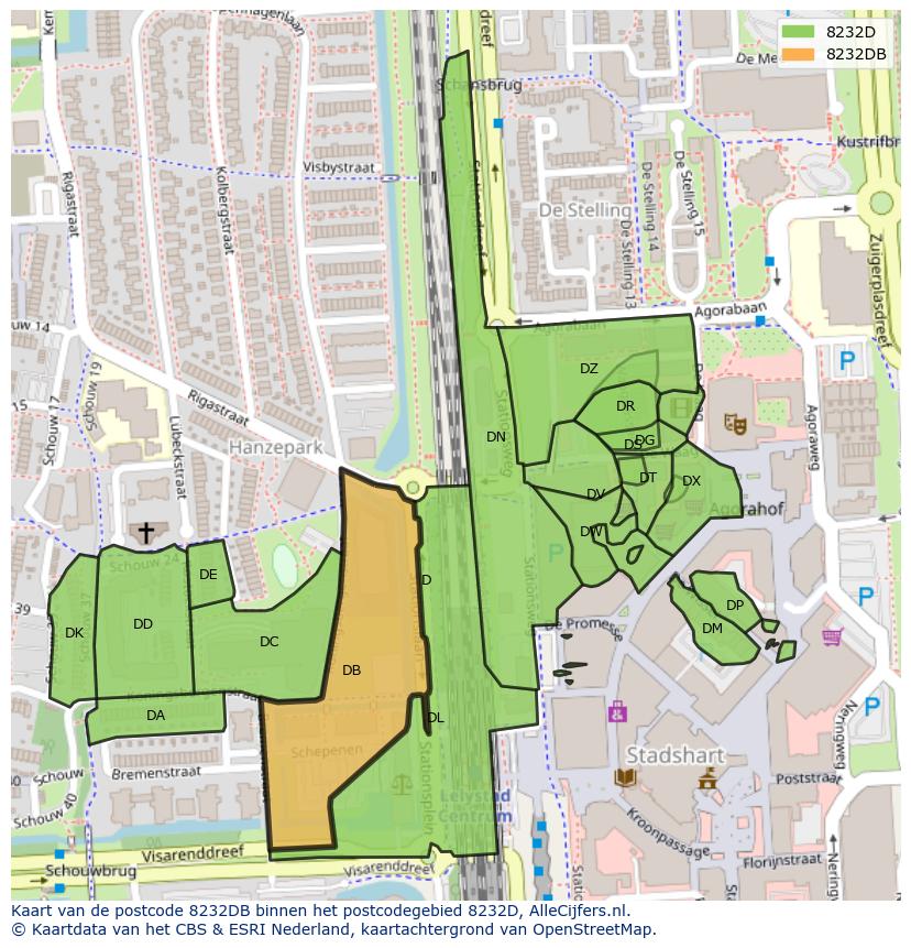 Afbeelding van het postcodegebied 8232 DB op de kaart.