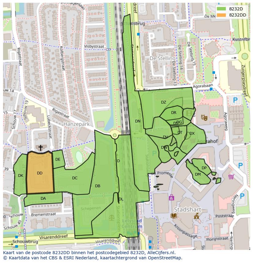 Afbeelding van het postcodegebied 8232 DD op de kaart.