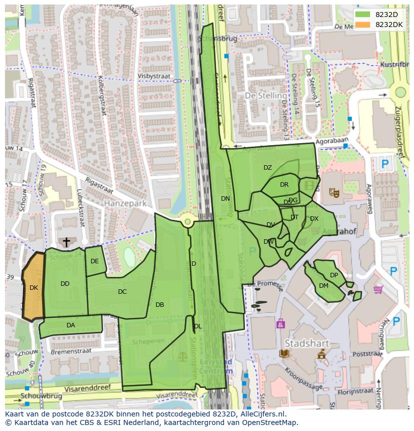 Afbeelding van het postcodegebied 8232 DK op de kaart.