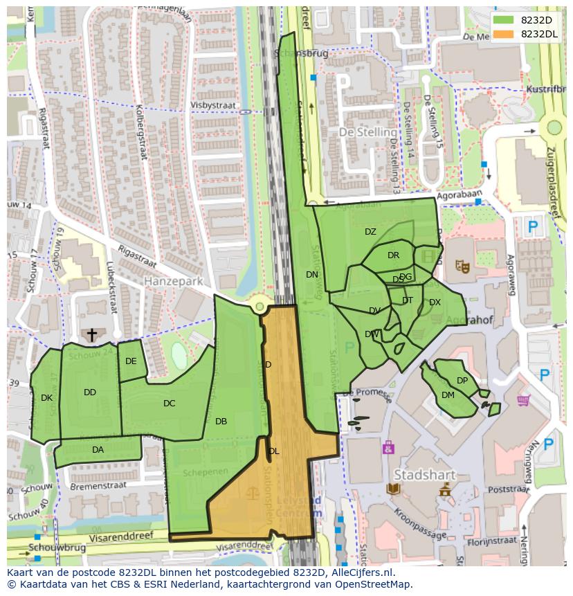 Afbeelding van het postcodegebied 8232 DL op de kaart.
