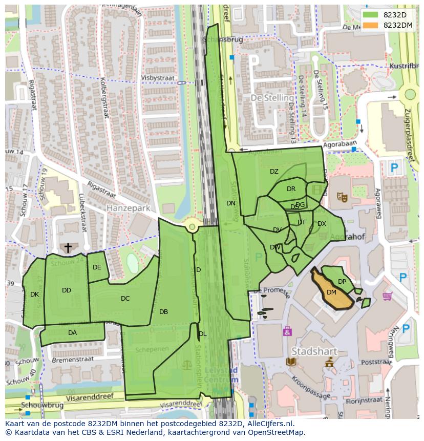 Afbeelding van het postcodegebied 8232 DM op de kaart.