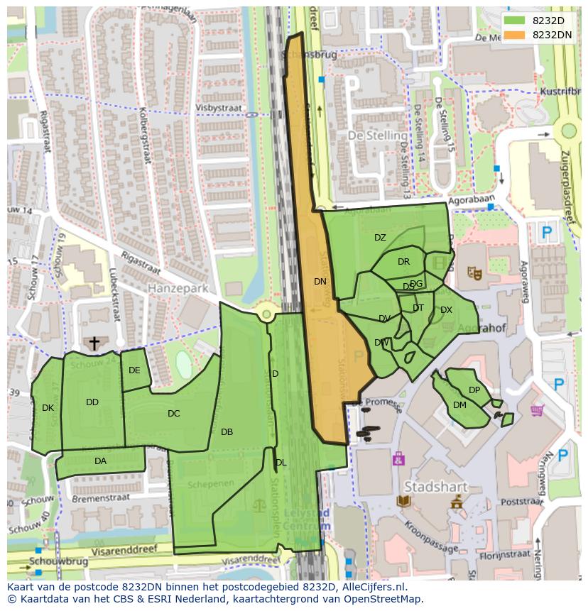 Afbeelding van het postcodegebied 8232 DN op de kaart.