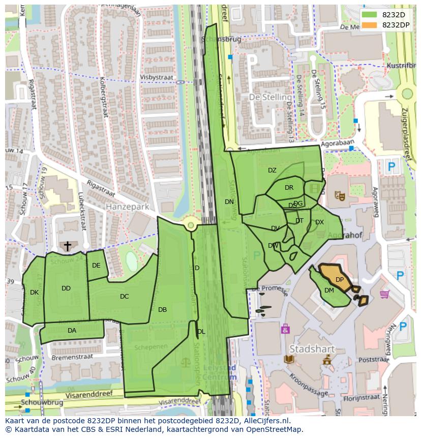 Afbeelding van het postcodegebied 8232 DP op de kaart.