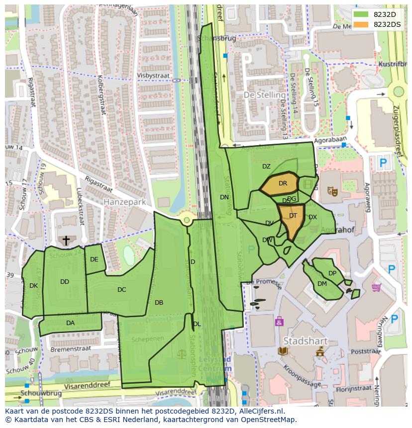 Afbeelding van het postcodegebied 8232 DS op de kaart.