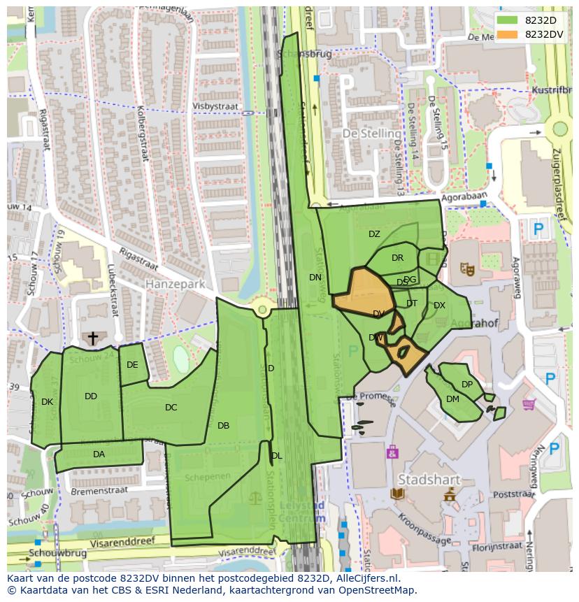 Afbeelding van het postcodegebied 8232 DV op de kaart.