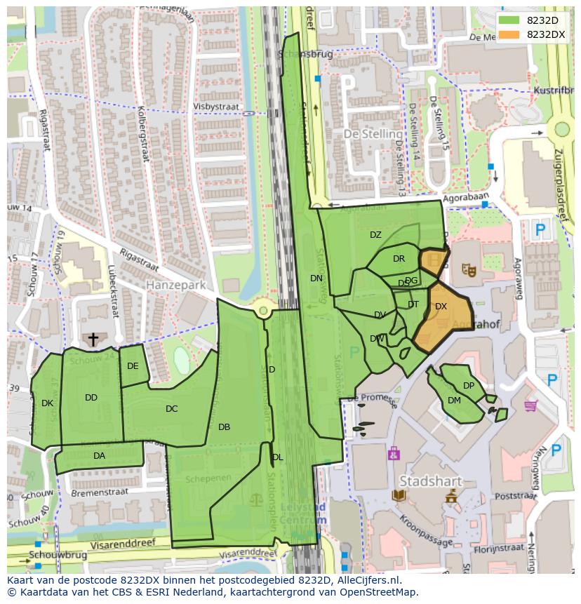 Afbeelding van het postcodegebied 8232 DX op de kaart.