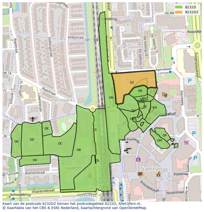 Afbeelding van het postcodegebied 8232 DZ op de kaart.