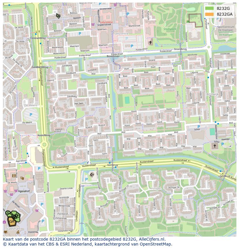 Afbeelding van het postcodegebied 8232 GA op de kaart.