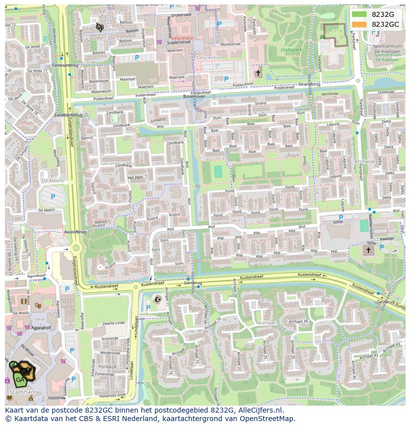 Afbeelding van het postcodegebied 8232 GC op de kaart.