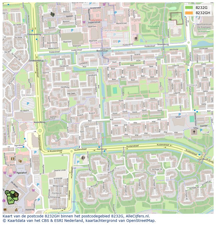 Afbeelding van het postcodegebied 8232 GH op de kaart.