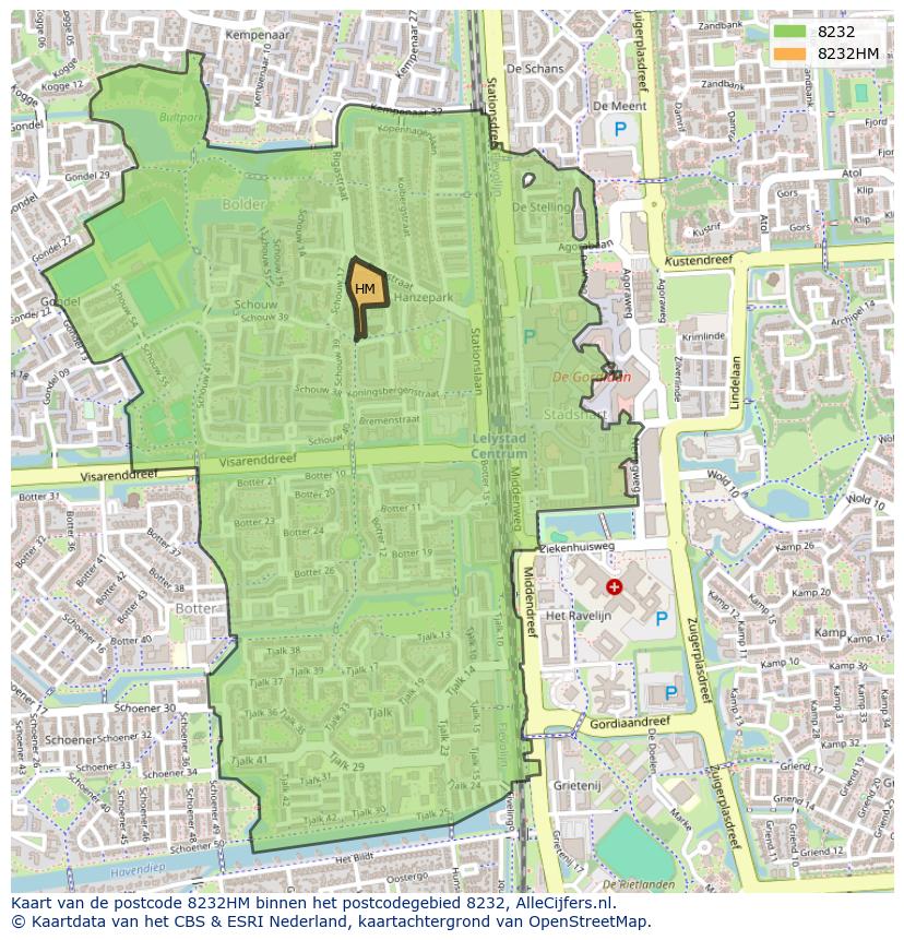 Afbeelding van het postcodegebied 8232 HM op de kaart.