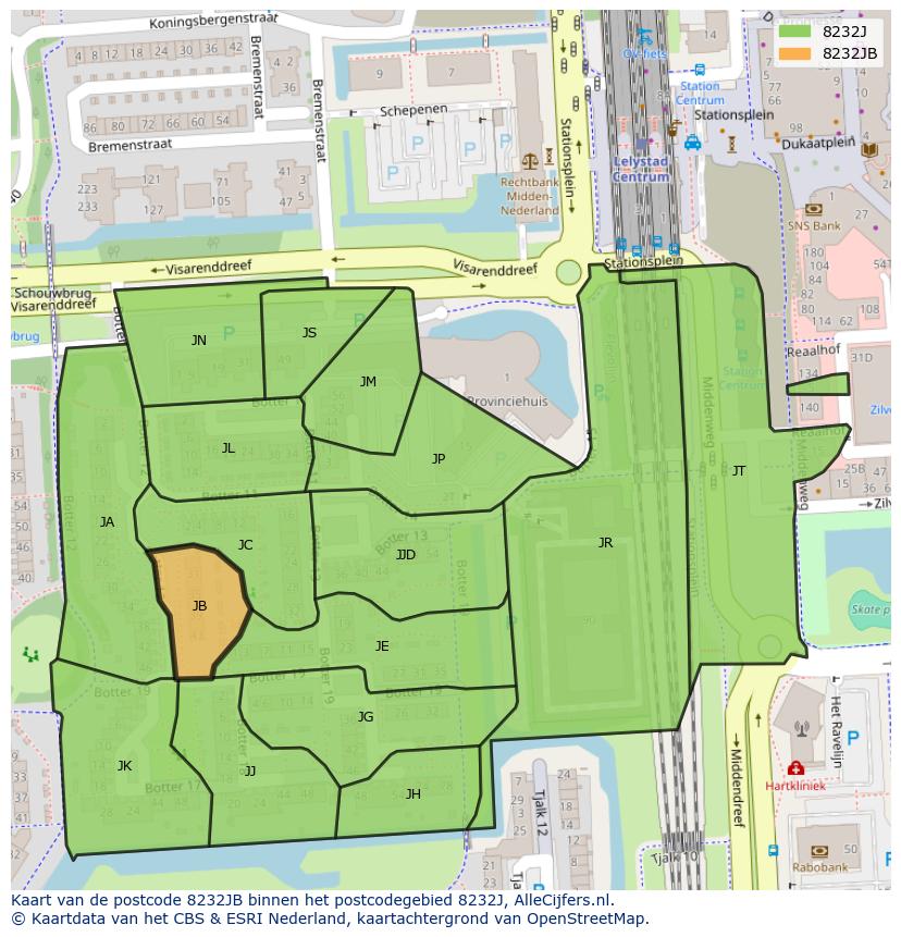 Afbeelding van het postcodegebied 8232 JB op de kaart.