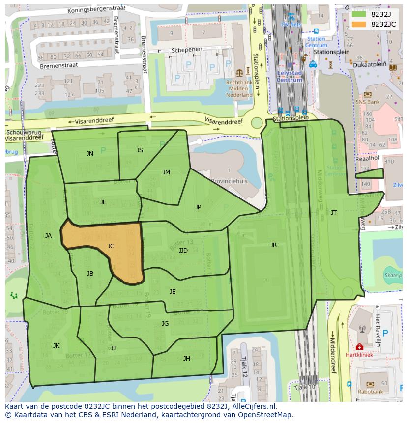 Afbeelding van het postcodegebied 8232 JC op de kaart.
