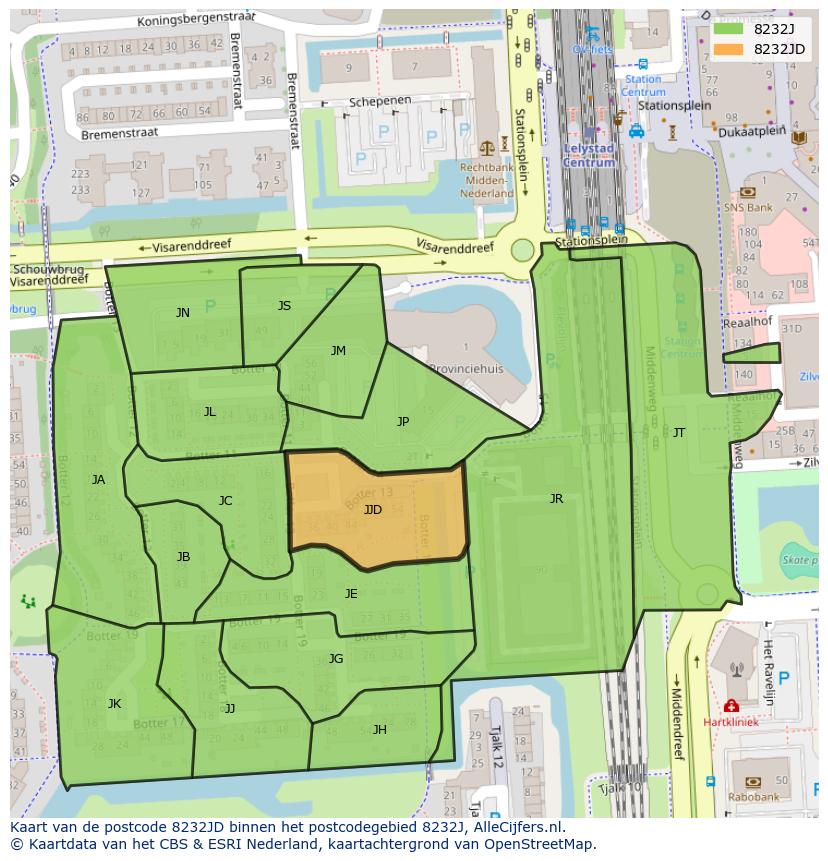 Afbeelding van het postcodegebied 8232 JD op de kaart.