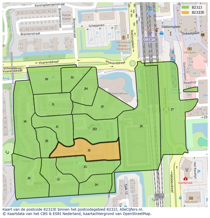Afbeelding van het postcodegebied 8232 JE op de kaart.