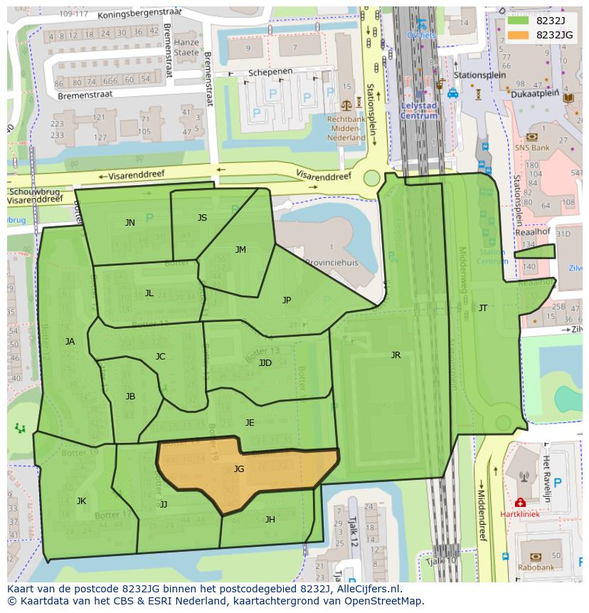 Afbeelding van het postcodegebied 8232 JG op de kaart.