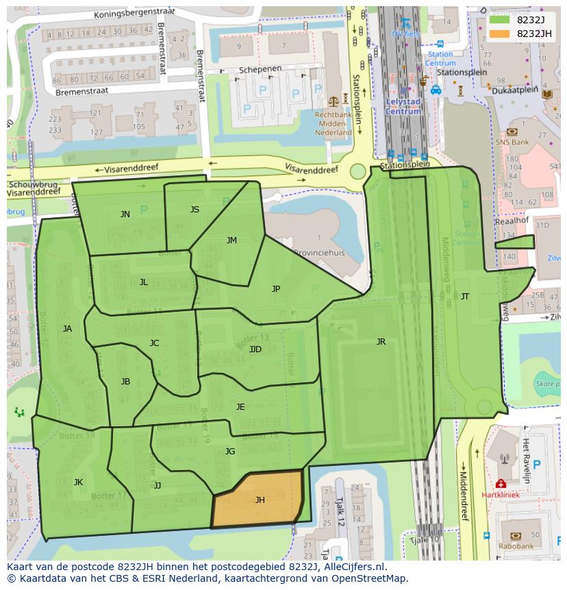 Afbeelding van het postcodegebied 8232 JH op de kaart.