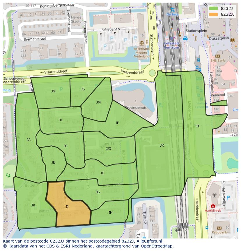 Afbeelding van het postcodegebied 8232 JJ op de kaart.