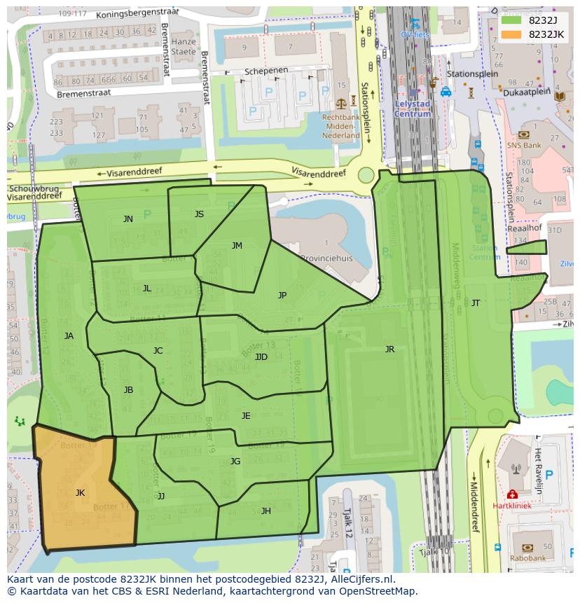 Afbeelding van het postcodegebied 8232 JK op de kaart.