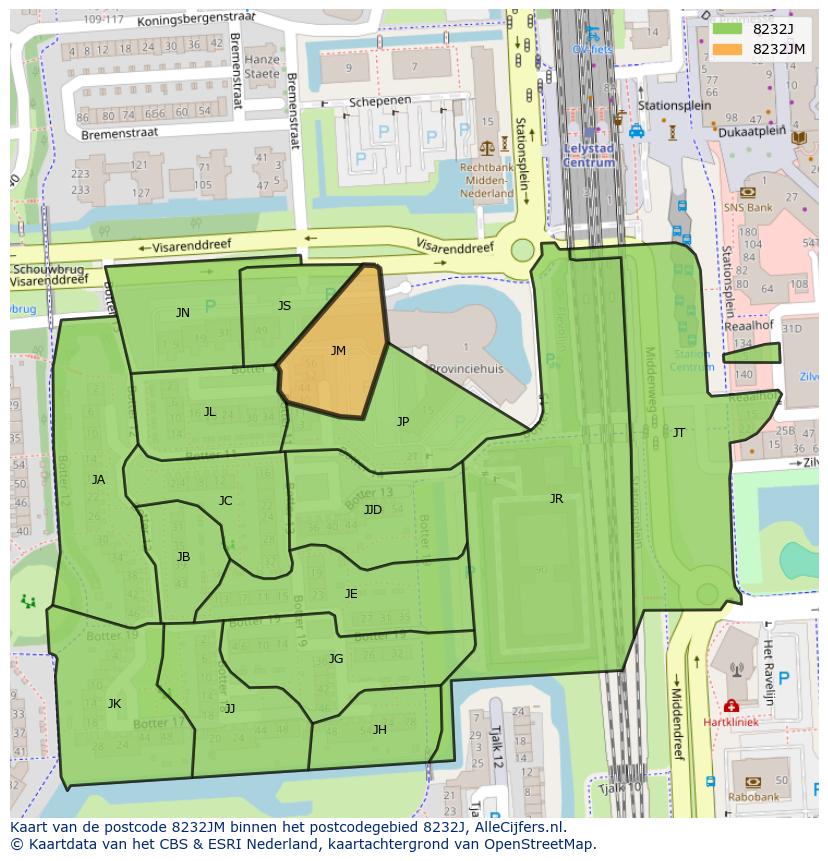 Afbeelding van het postcodegebied 8232 JM op de kaart.