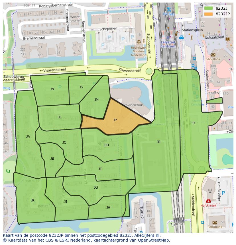 Afbeelding van het postcodegebied 8232 JP op de kaart.