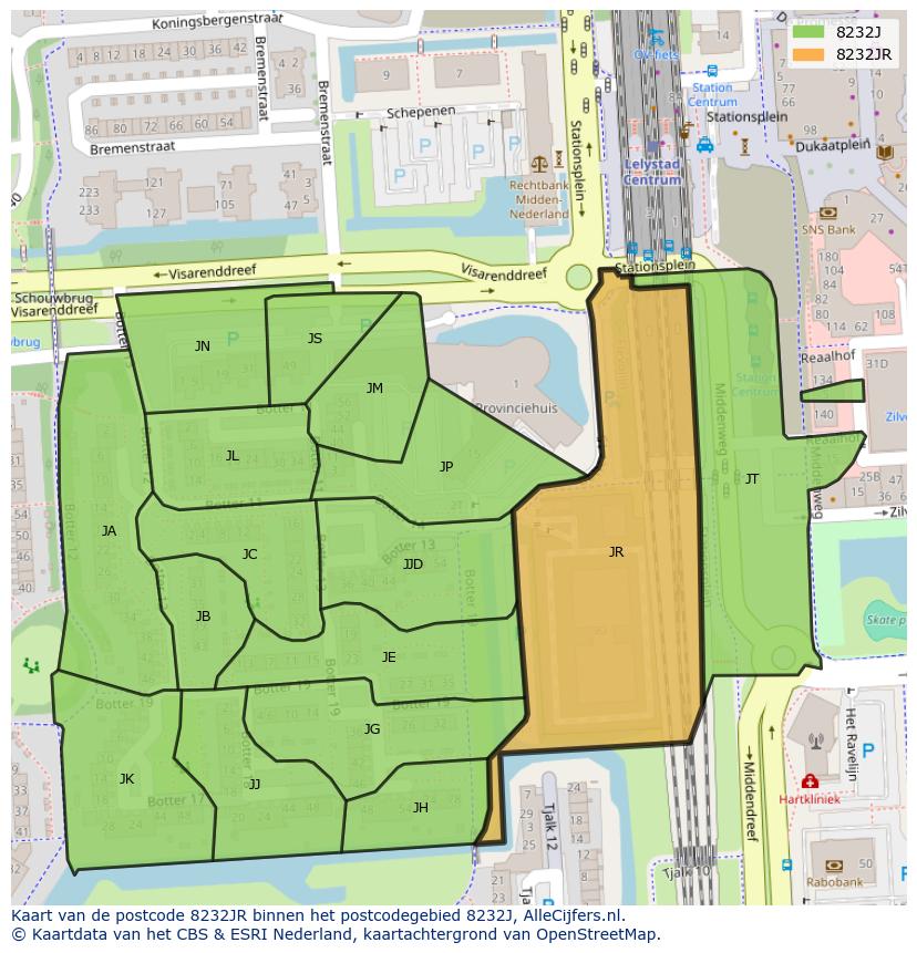 Afbeelding van het postcodegebied 8232 JR op de kaart.
