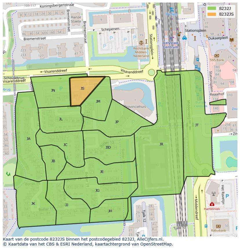 Afbeelding van het postcodegebied 8232 JS op de kaart.
