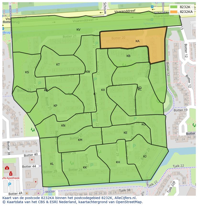 Afbeelding van het postcodegebied 8232 KA op de kaart.