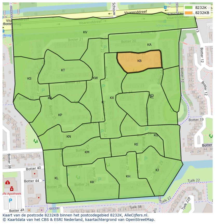 Afbeelding van het postcodegebied 8232 KB op de kaart.