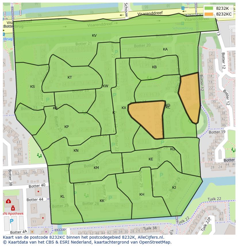 Afbeelding van het postcodegebied 8232 KC op de kaart.
