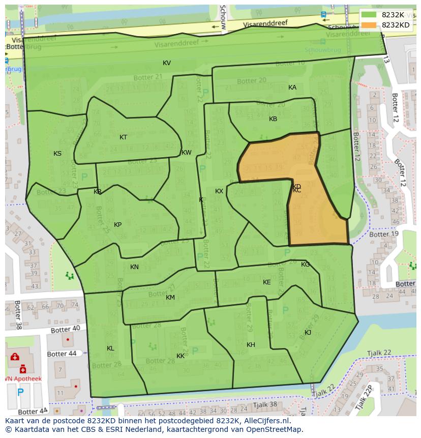 Afbeelding van het postcodegebied 8232 KD op de kaart.