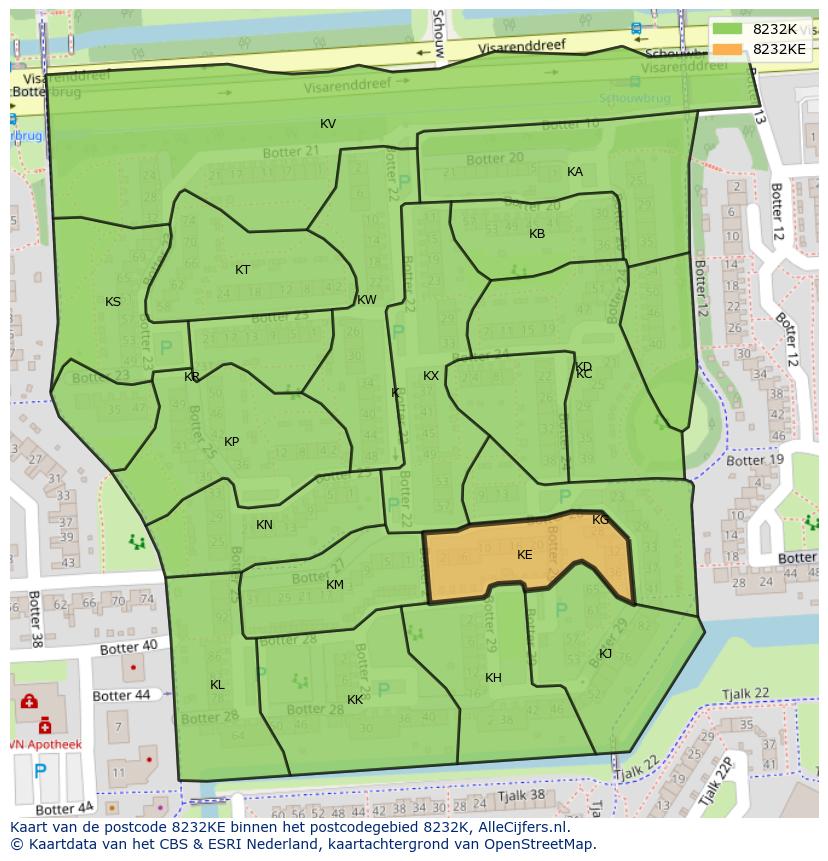Afbeelding van het postcodegebied 8232 KE op de kaart.