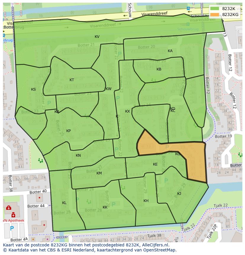 Afbeelding van het postcodegebied 8232 KG op de kaart.