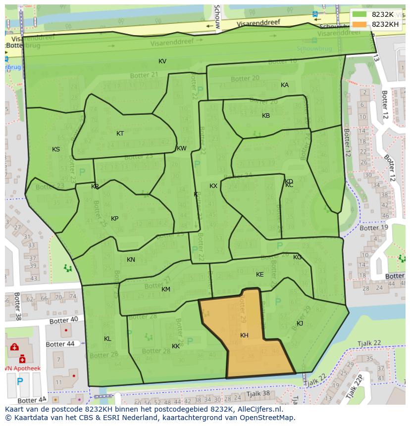 Afbeelding van het postcodegebied 8232 KH op de kaart.