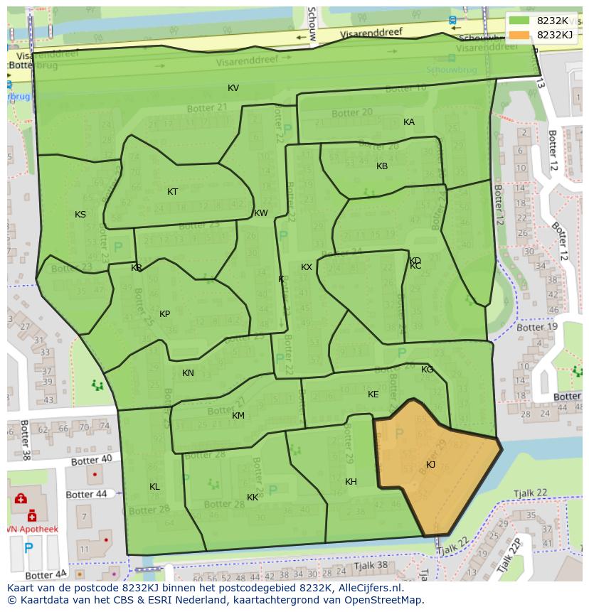 Afbeelding van het postcodegebied 8232 KJ op de kaart.