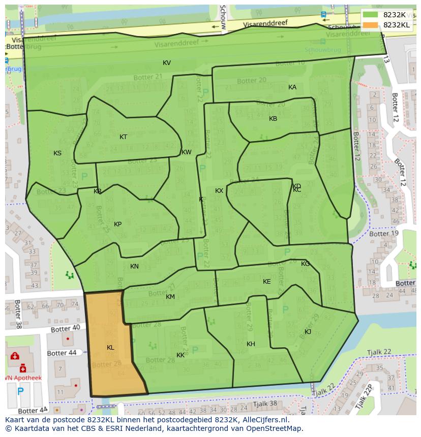 Afbeelding van het postcodegebied 8232 KL op de kaart.
