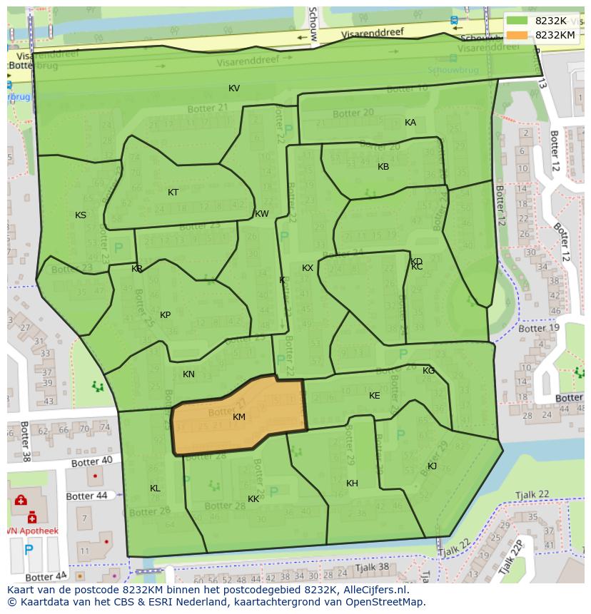 Afbeelding van het postcodegebied 8232 KM op de kaart.