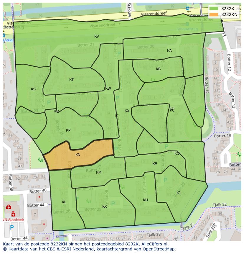 Afbeelding van het postcodegebied 8232 KN op de kaart.