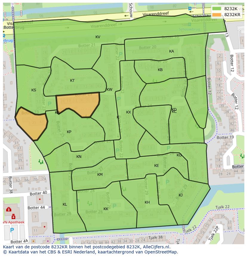 Afbeelding van het postcodegebied 8232 KR op de kaart.