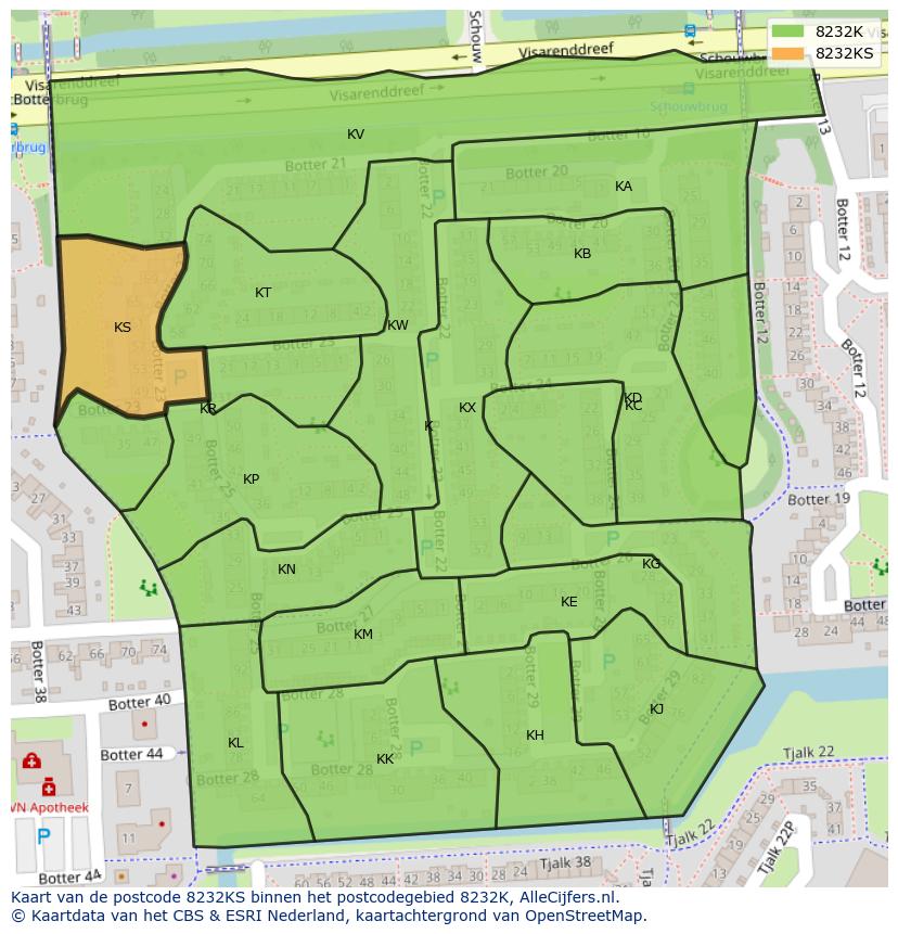 Afbeelding van het postcodegebied 8232 KS op de kaart.