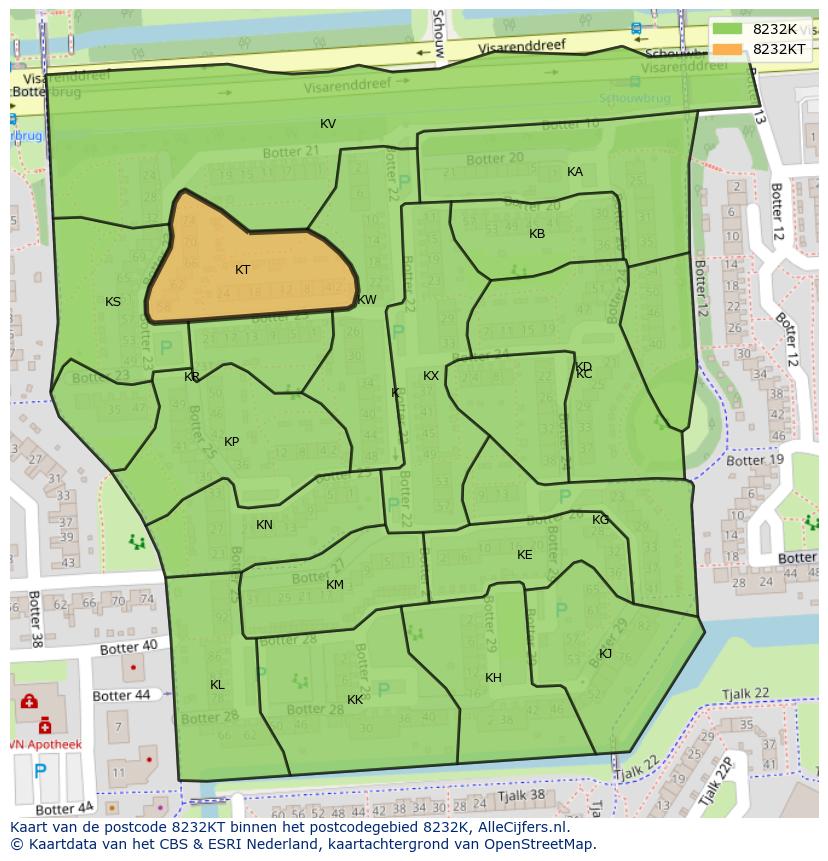 Afbeelding van het postcodegebied 8232 KT op de kaart.