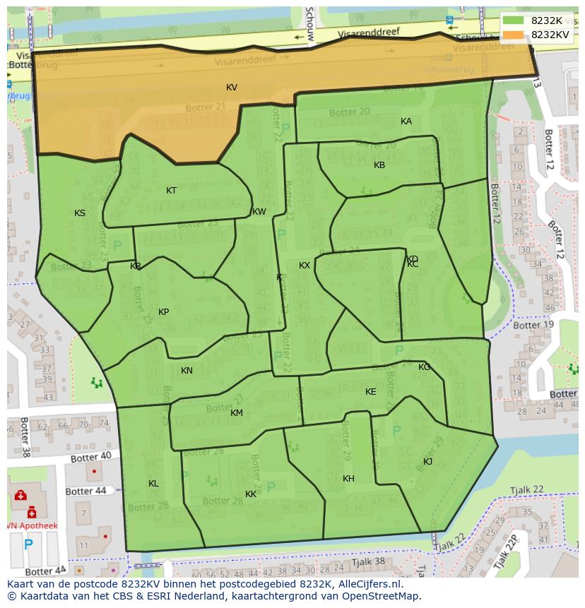 Afbeelding van het postcodegebied 8232 KV op de kaart.