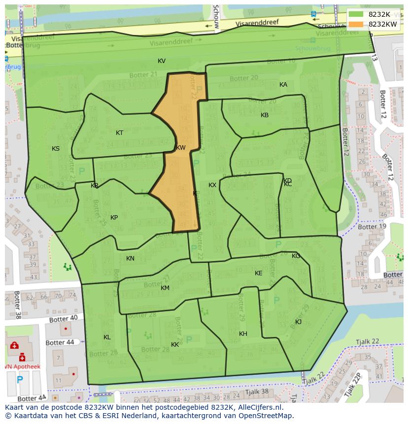 Afbeelding van het postcodegebied 8232 KW op de kaart.