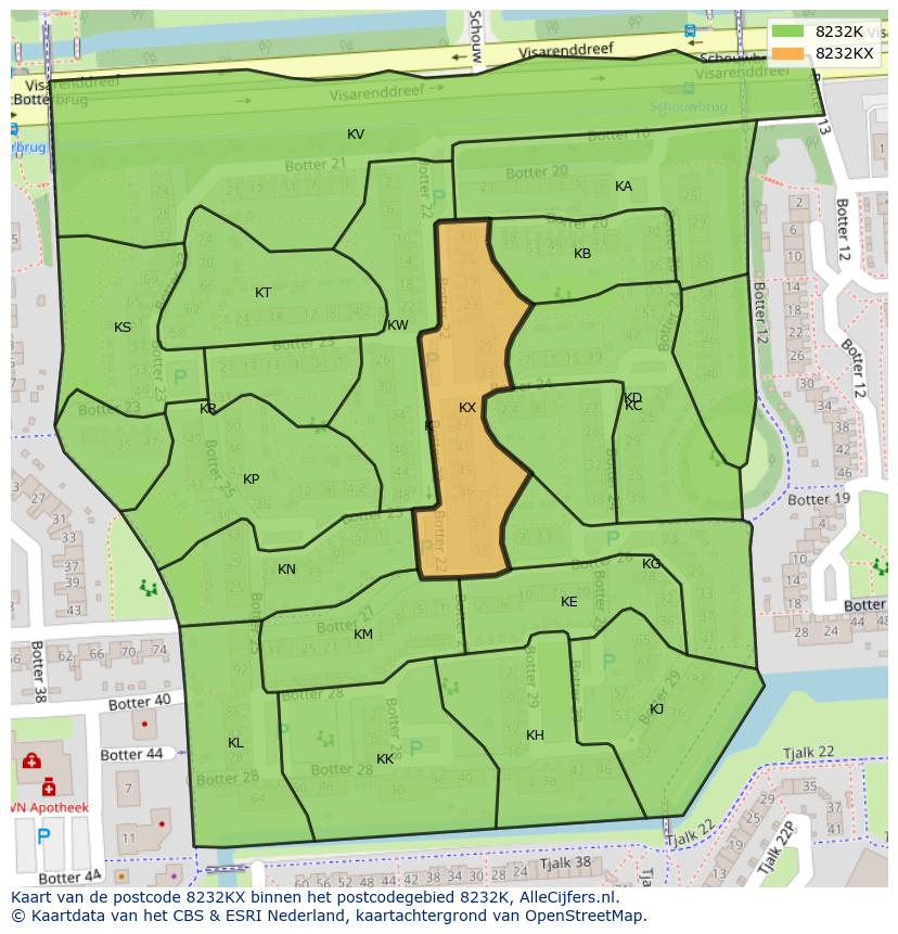 Afbeelding van het postcodegebied 8232 KX op de kaart.